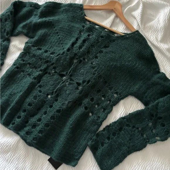 Taakk Forest Green Crochet Mohair Blend Sweater
